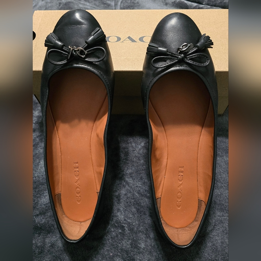 Coach Black Leather Flats with Bow Detail
